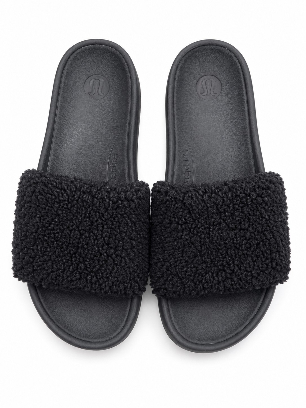 Lululemon Restfeel Fleece Slide Sandals Black Gold Logo Women's Size 8 Cozy